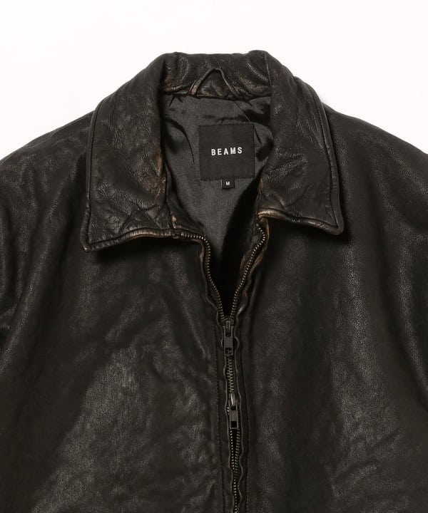BEAMS 24AW ユーズド加工レザージャケット　レザーブルゾン BEAMS（ビームス）ワイドショートフィット ユーズド加工 レザー