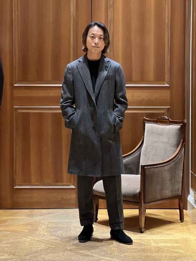 LARDINI 5者混ウールヘリンボーンチェスターコート スポルベリーノ 干場 LARDINI 5者混ウールヘリンボーンチェスターコート スポルベリーノ