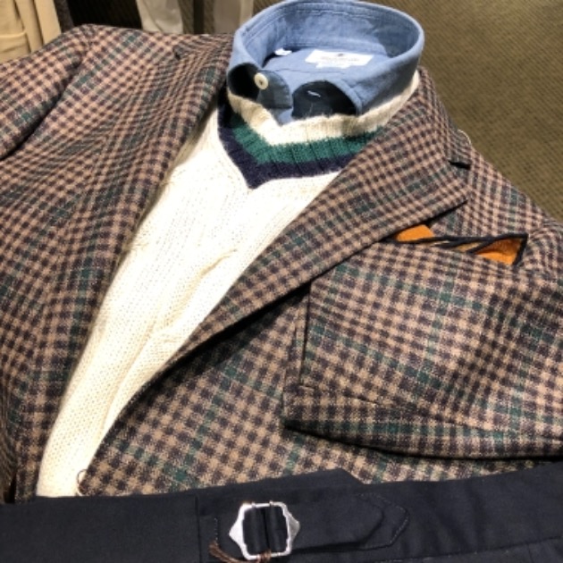 BEAMS Fジャケットグレーx黒の千鳥格子に水色のウインドウペーン44サイズ BEAMS Fジャケットグレーx黒の千鳥格子に水色のウインドウペーン44