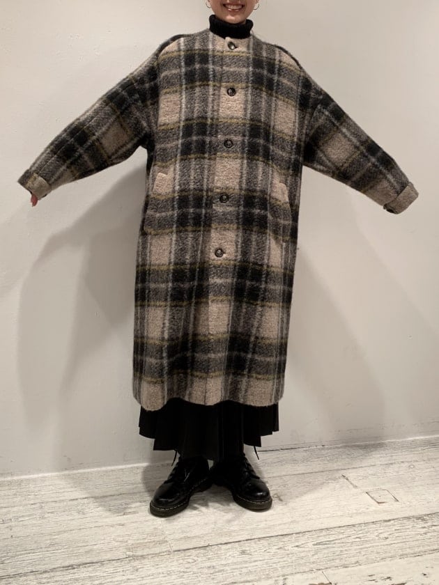 BEAMS BOY / スライバー タータンチェック ノーカラーコート 22FW ...