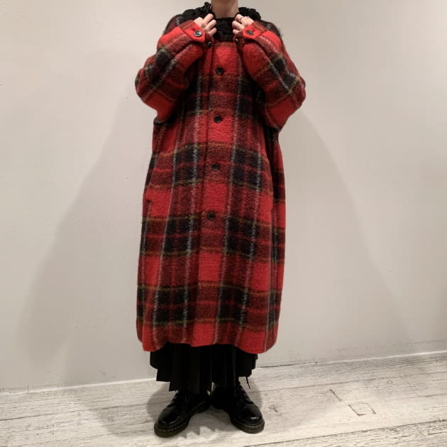 BEAMS BOY  スライバー タータンチェック ノーカラー コート