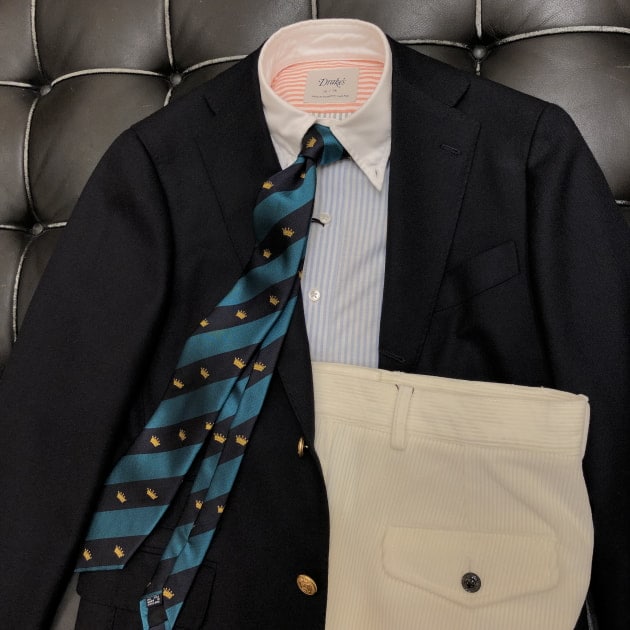 ストライプブレザー アイボリー/ネイビー Unpressure】シルクブレンドストライプネクタイ 7.0cm幅