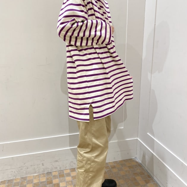 BEAMS BOY ビームスボーイ Tシャツ カットソー トップス 22秋冬 ホワイト ピンク FREE ロング丈 長袖 ボートネック スーパービッグ ボーダー コットン 綿 ビッグシルエット 体型 二の腕カバー チュニック ワンピ スリット ゆったり【レディース】【中古】【美品】 BEAMS BOY（ビームス ボーイ）フライス 1cm ボーダー Tシャツ（Tシャツ