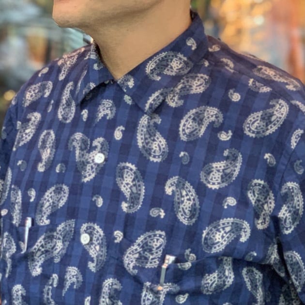 【90.s vintage】総柄　ガラシャツ　ブルーロータス柄好きにオススメ