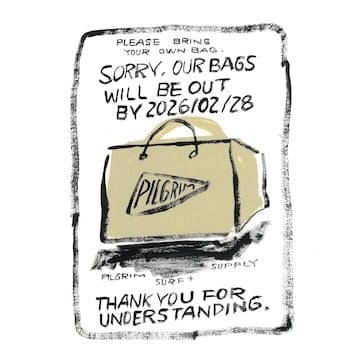 Past and future initiatives through Pilgrim Surf+Supply shopping bags