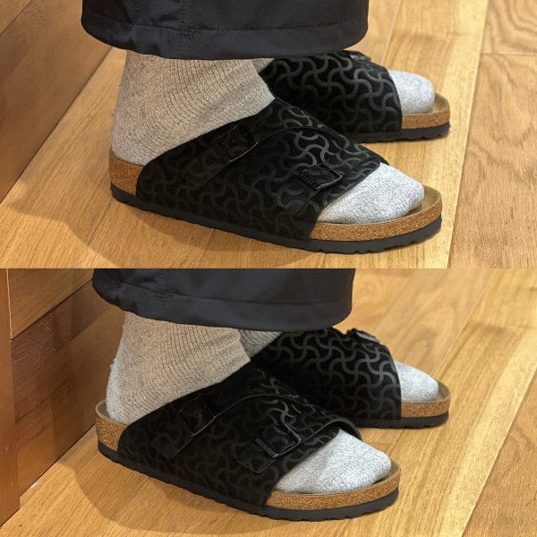 【2サイズを履き比べ】【BIRKENSTOCK × BEAMS】「Zurich BONE PATTERN BLACK」
［着用カラー］
BLACK
［デザイン・合わせ方］
今回の別注アイテムはブラックの『ボーンパターン』。このデザインの『Zurich』はどこを探してもありません。
<br>
［サイズ感］＜普段26.5cm＞<br>
1番重要なサイズ感は、大きくナローとレギュラーで分かれています。<br>
(上)『サイズ40(26cm)』
40までがナローフィットなのでかなりフィットしてくれます。踵もピッタリ！
<br>
(下)『サイズ41(26.5cm)』
41からレギュラーフィットでこの2サイズではかなり変わってきます。今回は分厚めのソックスなので『41』でもベルトを調節すればいいゆとりで着用できました。
<br>
おすすめは、、『サイズ41(26.5cm)』普段通りがおすすめ！

<br>
「♡+」このマークを押して頂くと気になった商品が見返し易くなります。是非ご活用下さい。併せてフォローもして頂けると嬉しいです。