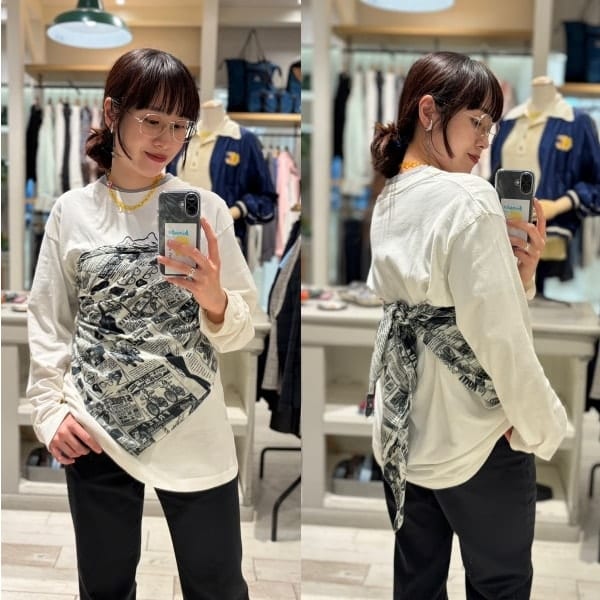 【こんな巻き方も！♡】BINDUの大判のスカーフ、リアルバイです。ベアトップ風に私物のロンTに重ねてみました！このスカーフ、なんといっても一つ一つの柄がカワイイ.....。アメリカの広告をイメージしたビームス ボーイのために製作された柄。柄から拾ってメガネをかけてみました。次はデニムを合わせたコーディネートにしてみようかなと思っています♡