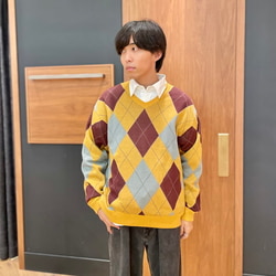 BEAMS 9 gauge argyle V-neck knit (tops, knitwear, sweaters