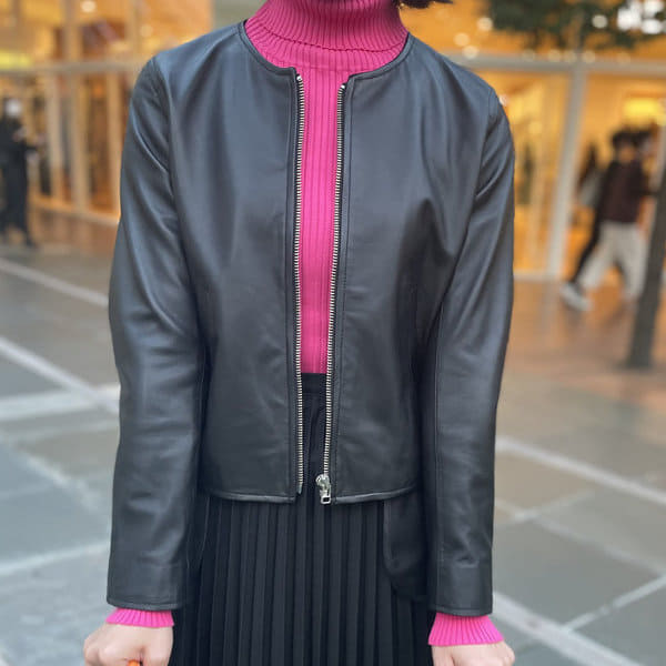 Ray BEAMS ラムレザー　ノーカラーブルゾン BEAMS WOMEN｜【ベストセラー/防寒/25AW】キルティング ノー