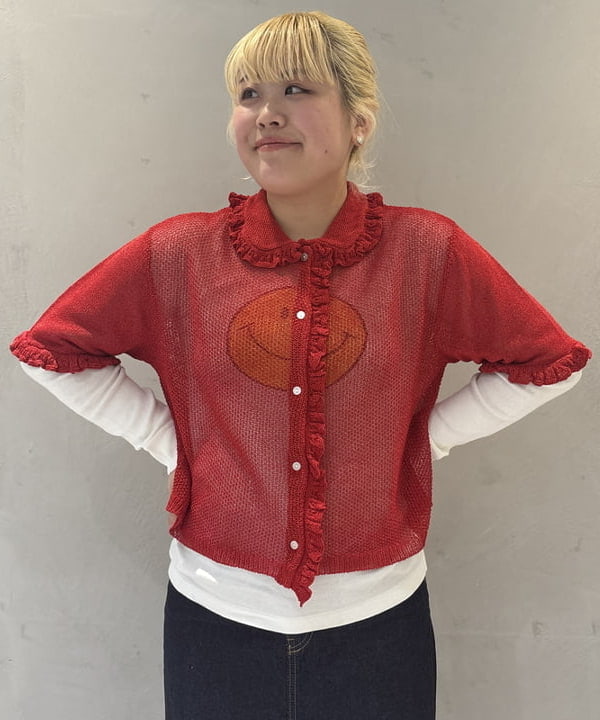 大石彩可さんの「BEAMS WOMEN｜7ゲージ フリル ポロ カーディガン」を使ったコーディネート