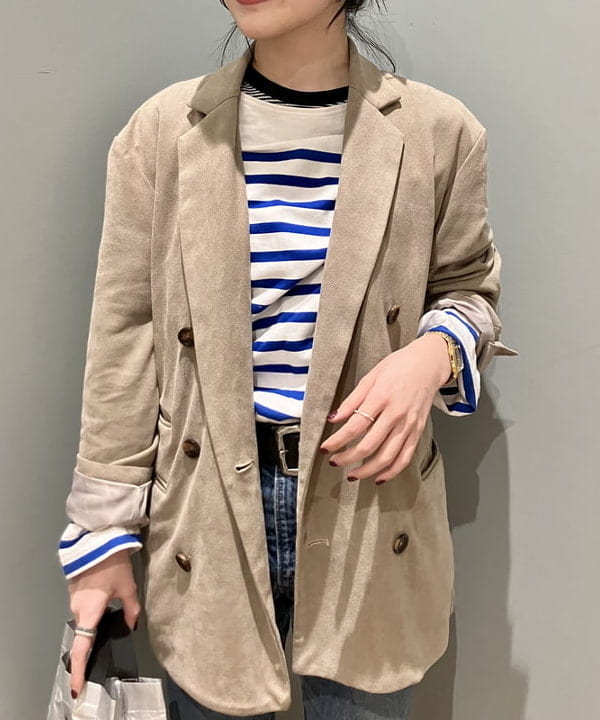 小原 もこさんの「BEAMS WOMEN｜ナバルボーダー ビッグ ボートネック カットソー」を使ったコーディネート