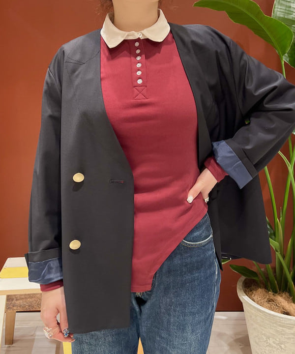 エノモト アミさんの「BEAMS WOMEN｜maturely / ダブル ブレステッド ノーカラー チェンジ ボタン ジャケット」を使ったコーディネート