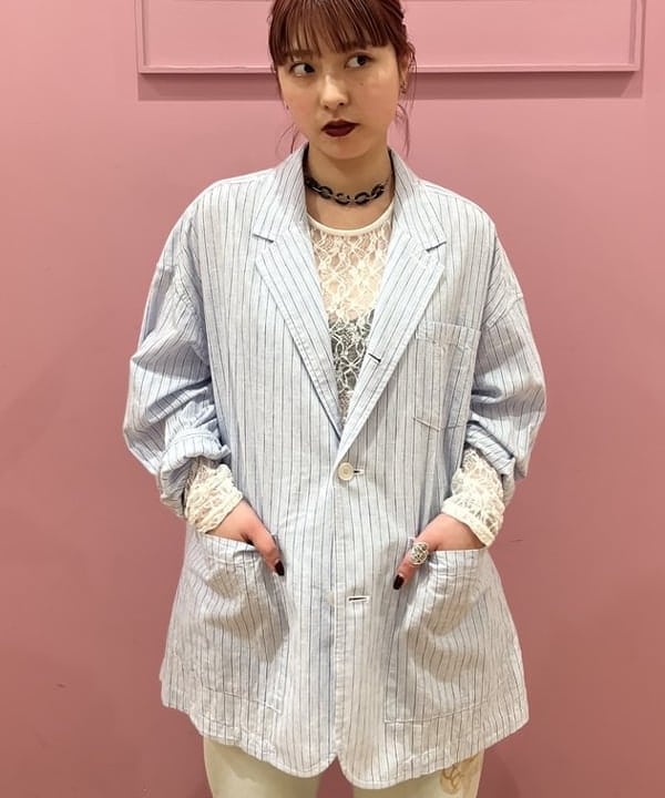 シオンさんの「BEAMS WOMEN｜ストライプ チェック ビッグ ジャケット」を使ったコーディネート