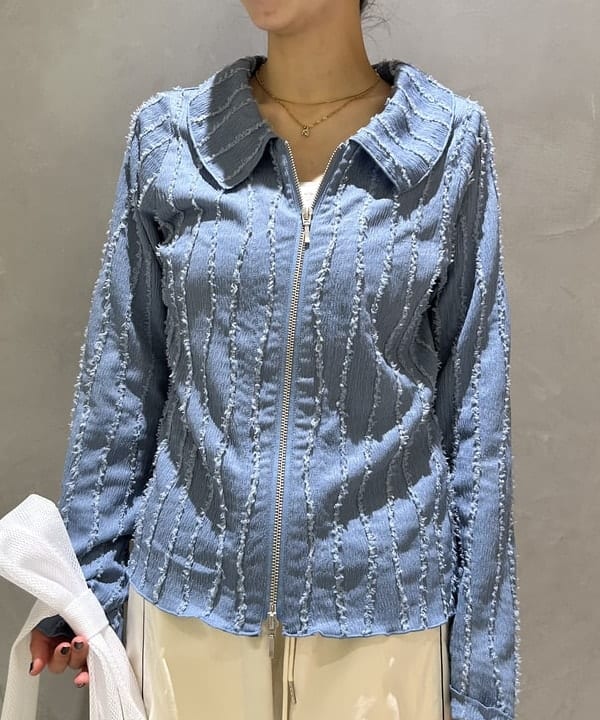 ササキさんの「BEAMS WOMEN｜ストライプ シャーリング ジップ シャツ」を使ったコーディネート
