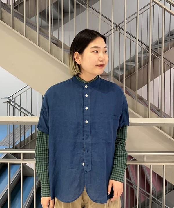BEAMS ＋MADE MILL681・リネン混XLスタンドカラー 万能！リネンシャツ