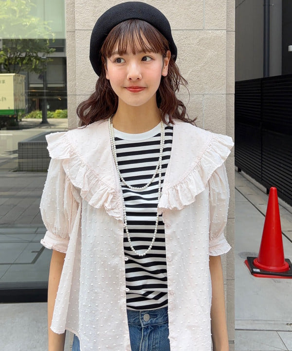 み　う　ちさんの「BEAMS WOMEN｜ドット ドビー ビッグカラー ショートスリーブ」を使ったコーディネート