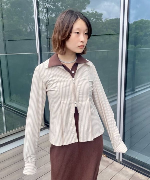 水野 萌香さんの「BEAMS WOMEN｜ストライプ ジップ シャツ」を使ったコーディネート