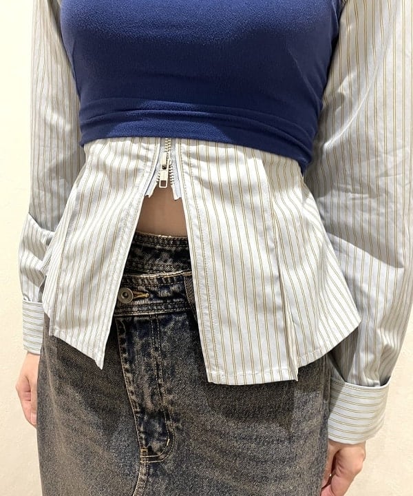 加歩さんの「BEAMS WOMEN｜ストライプ ジップ シャツ」を使ったコーディネート