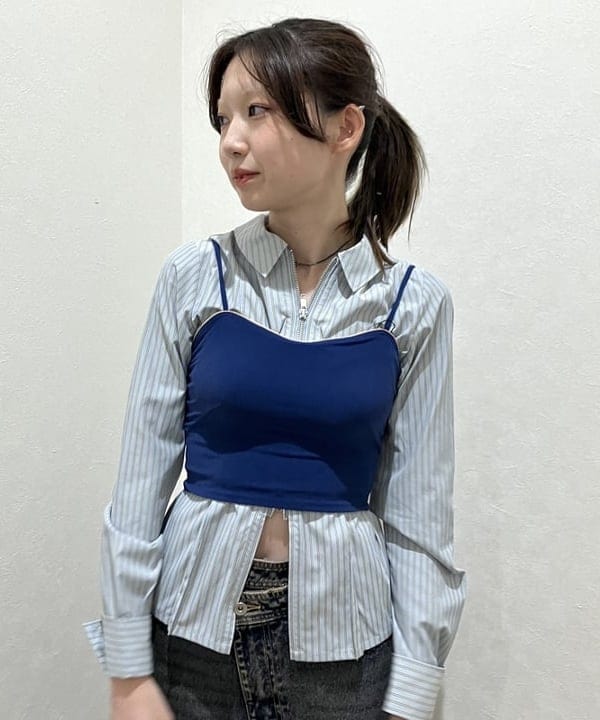 加歩さんの「BEAMS WOMEN｜ストライプ ジップ シャツ」を使ったコーディネート