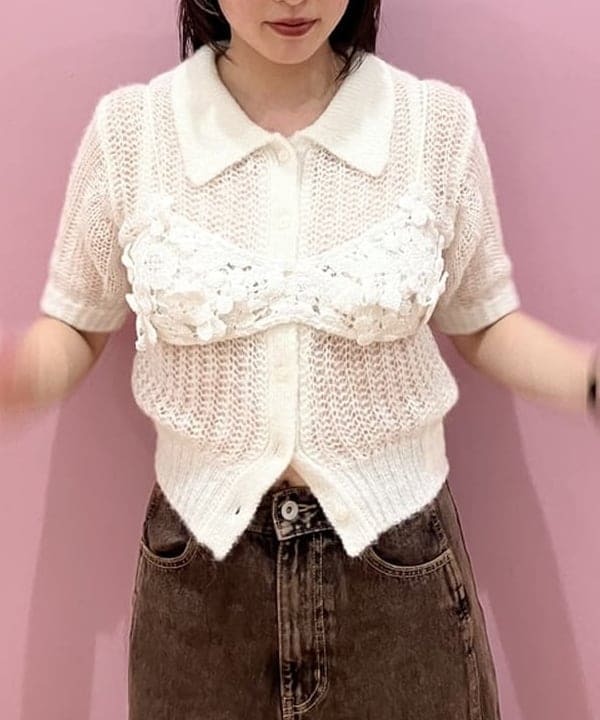 晶さんの「BEAMS WOMEN｜シャギー メッシュ ポロ カーディガン」を使ったコーディネート