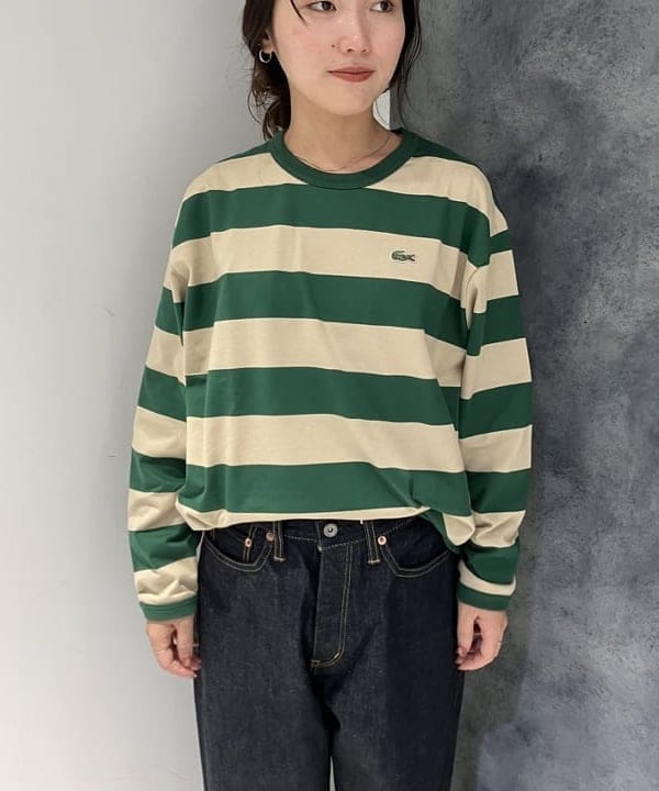 モモさんの「BEAMS WOMEN｜【別注】LACOSTE / ボーダー ロングスリーブ Tシャツ」を使ったコーディネート