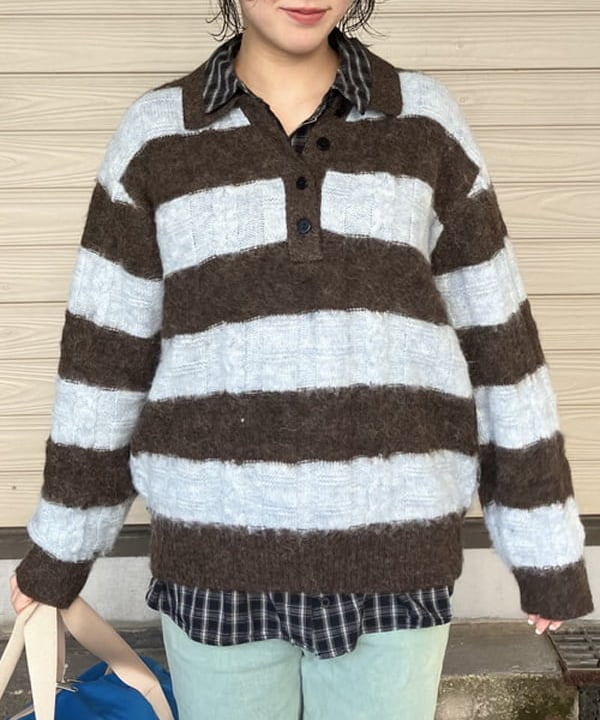 晶さんの「BEAMS WOMEN｜ワイド ボーダー ポロ ニット」を使ったコーディネート