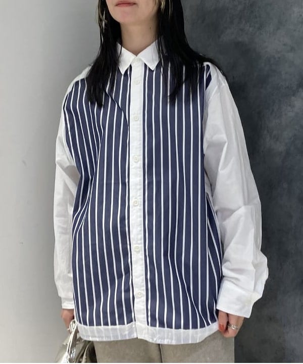 にしだてさんの「BEAMS WOMEN｜maturely / ストライプ アンド ソリッド カットオフ ロングスリーブ シャツ」を使ったコーディネート