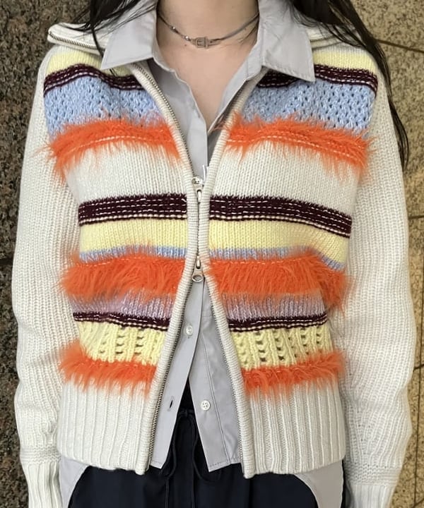 加歩さんの「BEAMS WOMEN｜【別注】BOUSSOLE / ボーダージップ ニット カーディガン」を使ったコーディネート