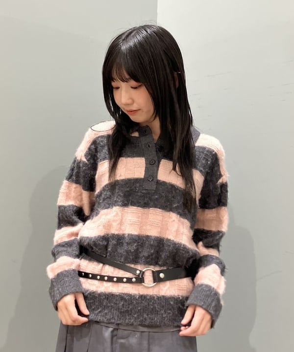 加歩さんの「BEAMS WOMEN｜ワイド ボーダー ポロ ニット」を使ったコーディネート