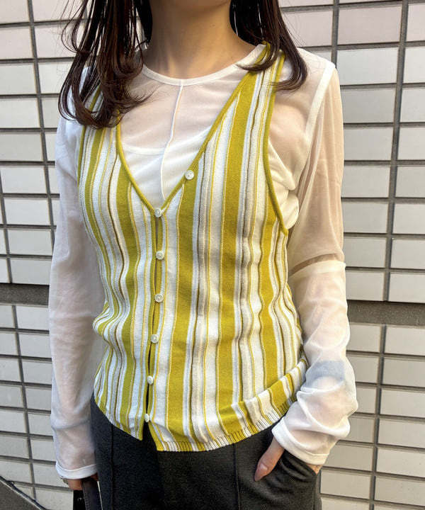 カタヤマ アヤさんの「BEAMS WOMEN｜マルチストライプ ニット キャミソール」を使ったコーディネート