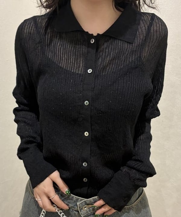 須賀さんの「BEAMS WOMEN｜シアー リブ ニット ポロ カーディガン」を使ったコーディネート