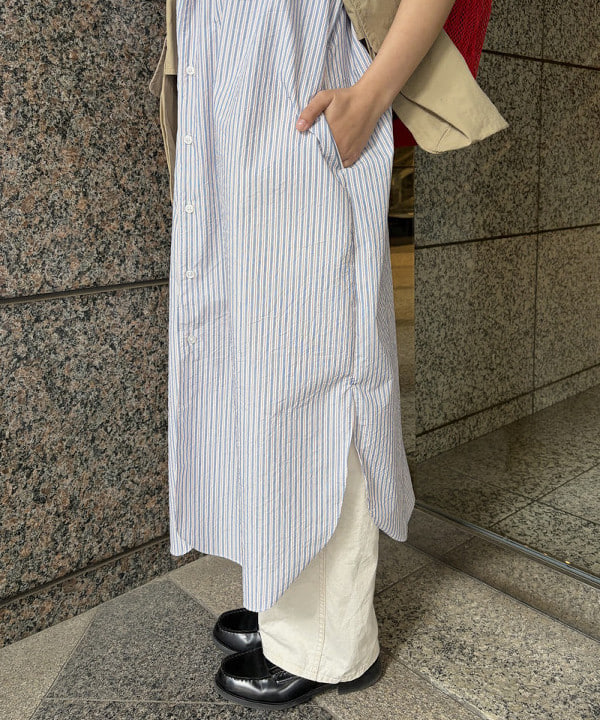 ばるたんさんの「BEAMS WOMEN｜クリンクル ストライプ ショートスリーブ ワンピース」を使ったコーディネート