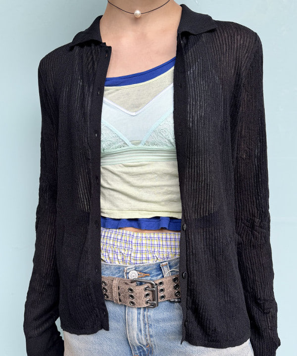 れいなさんの「BEAMS WOMEN｜シアー リブ ニット ポロ カーディガン」を使ったコーディネート