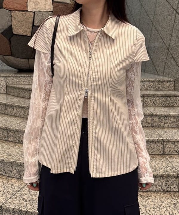 amiriさんの「BEAMS WOMEN｜ストライプ ジップ シャツ ハーフスリーブ」を使ったコーディネート