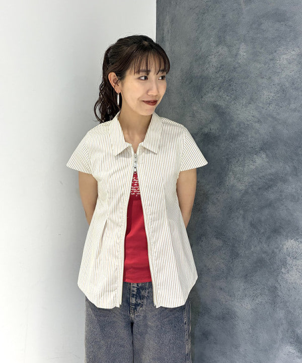 SAEさんの「BEAMS WOMEN｜ストライプ ジップ シャツ ハーフスリーブ」を使ったコーディネート