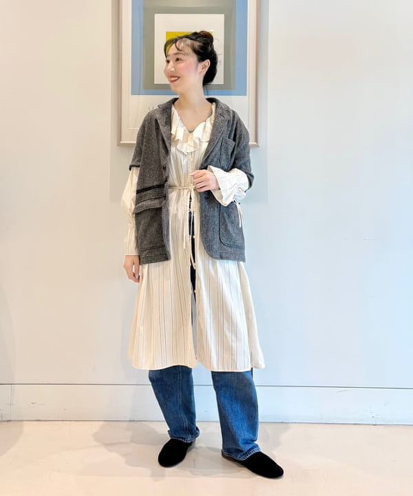 おのすさんの「BEAMS WOMEN｜ドビー ストライプ ワンピース」を使ったコーディネート