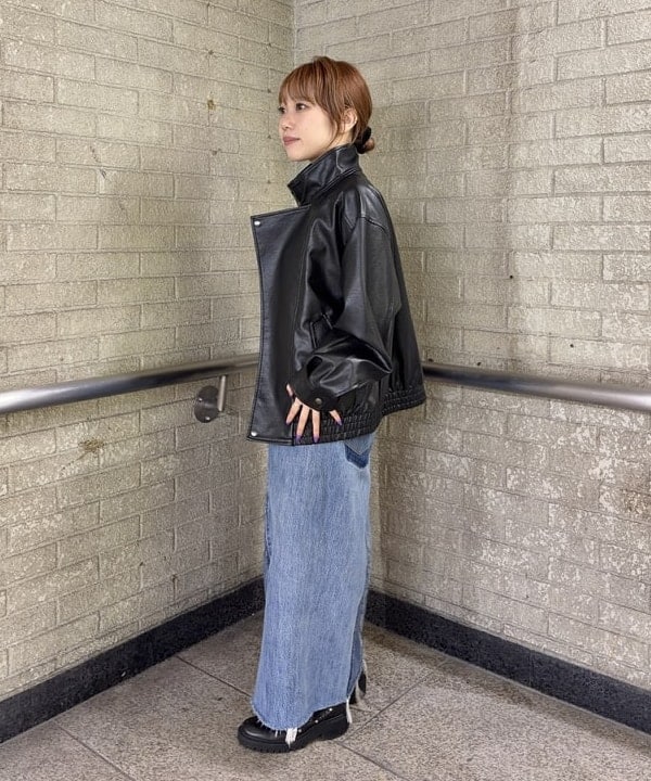 まゆちゃんさんの「BEAMS WOMEN｜フェイクレザー ライダース ジャケット」を使ったコーディネート