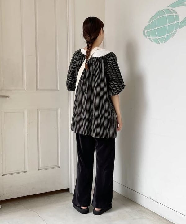 おのすさんの「BEAMS WOMEN｜BEAMS BOY / マルチストライプ バルーン ショートスリーブ」を使ったコーディネート