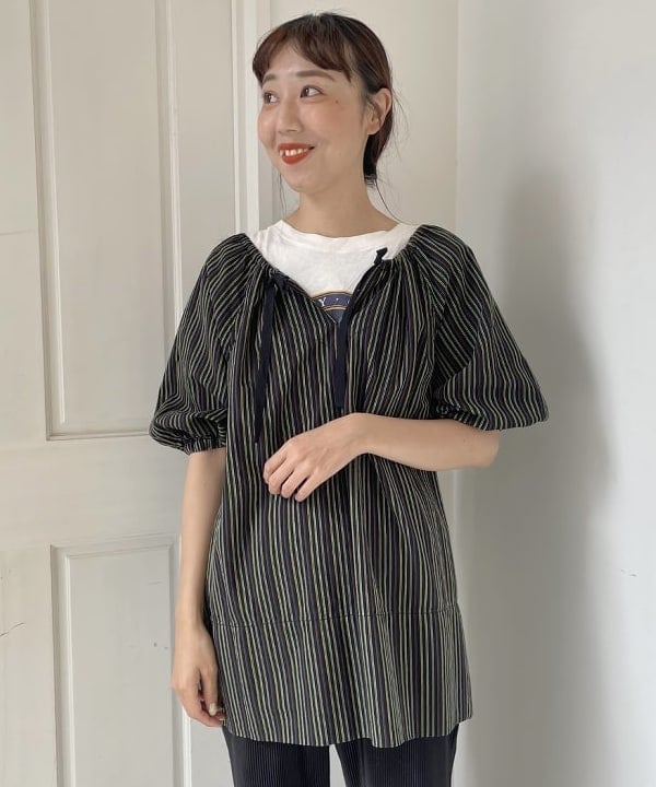 おのすさんの「BEAMS WOMEN｜BEAMS BOY / マルチストライプ バルーン ショートスリーブ」を使ったコーディネート
