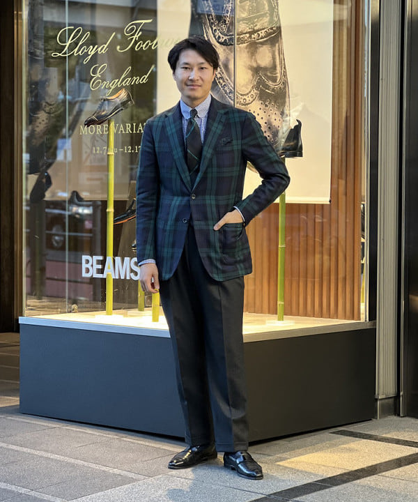 ビームスエフ ネクタイ ブラックウォッチ タータンチェック グリーン