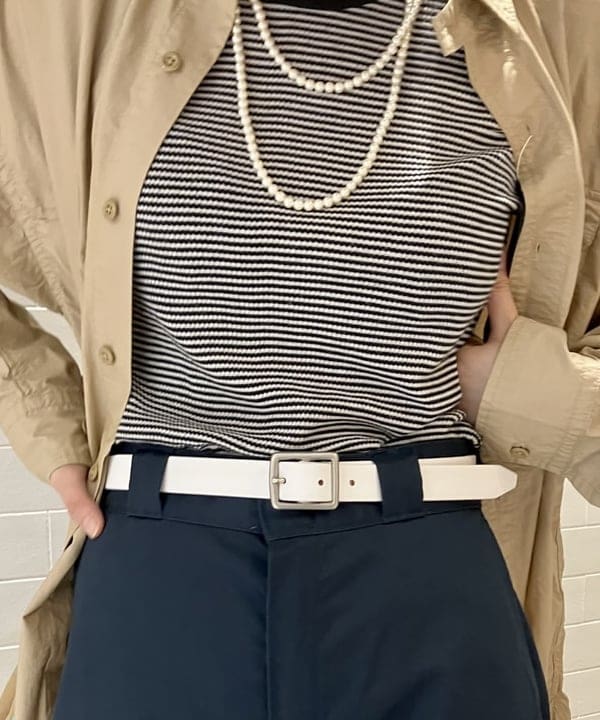 小原 もこさんの「BEAMS WOMEN｜【別注】Healthknit / ワッフル ボーダー Tシャツ」を使ったコーディネート