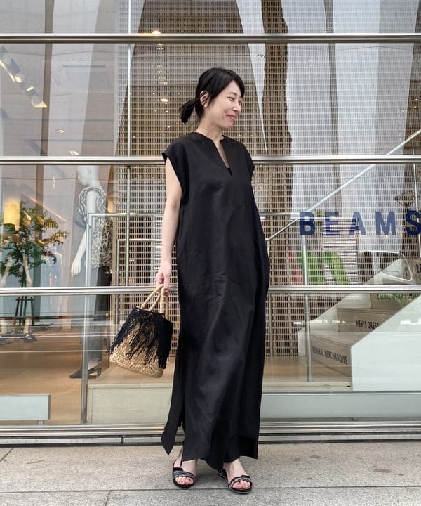美品◇ブラック リネンリラックスカフタンワンピース .Mライン 38 予約