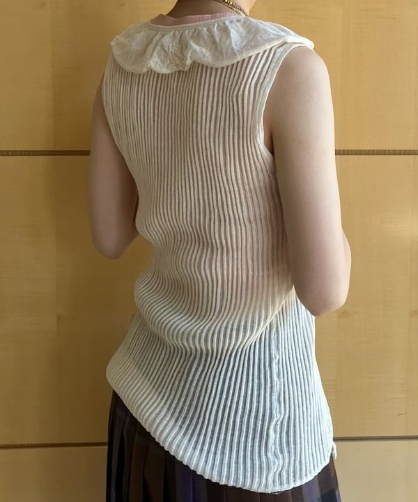 Hazukiさんの「BEAMS WOMEN｜シアー リブ ラッフル ノースリーブ トップス」を使ったコーディネート